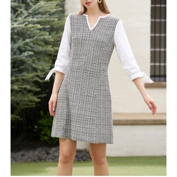Ming Wang Tweed Knit Shift Dress with White Sleeves Size L Classic Workwear - Picture 16 of 16